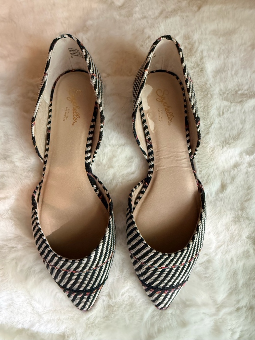 Seychelles Plaid Tweed D’Orsay Flats Women’s Size 8 Pointed Toe Black White Red